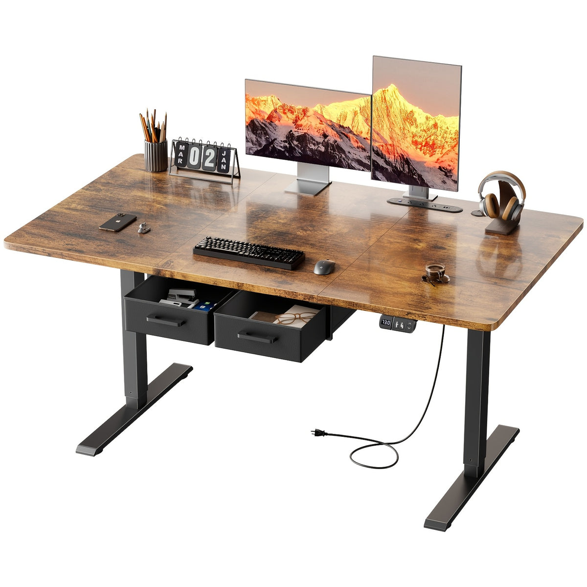 Electric Standing Desk with Dual Drawers and Built-In Power Panel for Home Offices and Gaming Setups