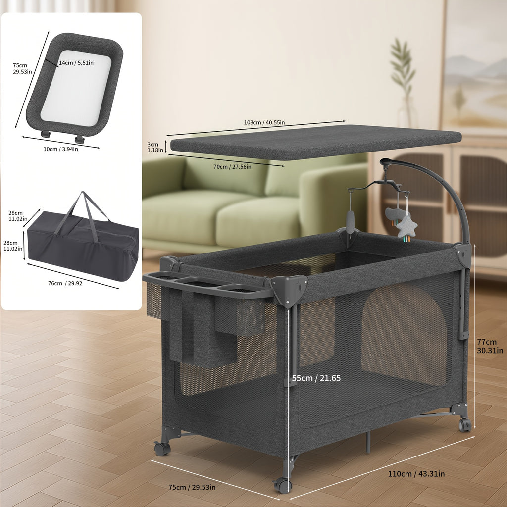 4 In 1 Bassinet, Pack And Play With Mattress, Crib With Wheels And Mosquito Net, Bedside Bassinet Sleeper With Changing Pad, Portable Playpen Foldable Playard For And Assembled And Folded Portable Cribs