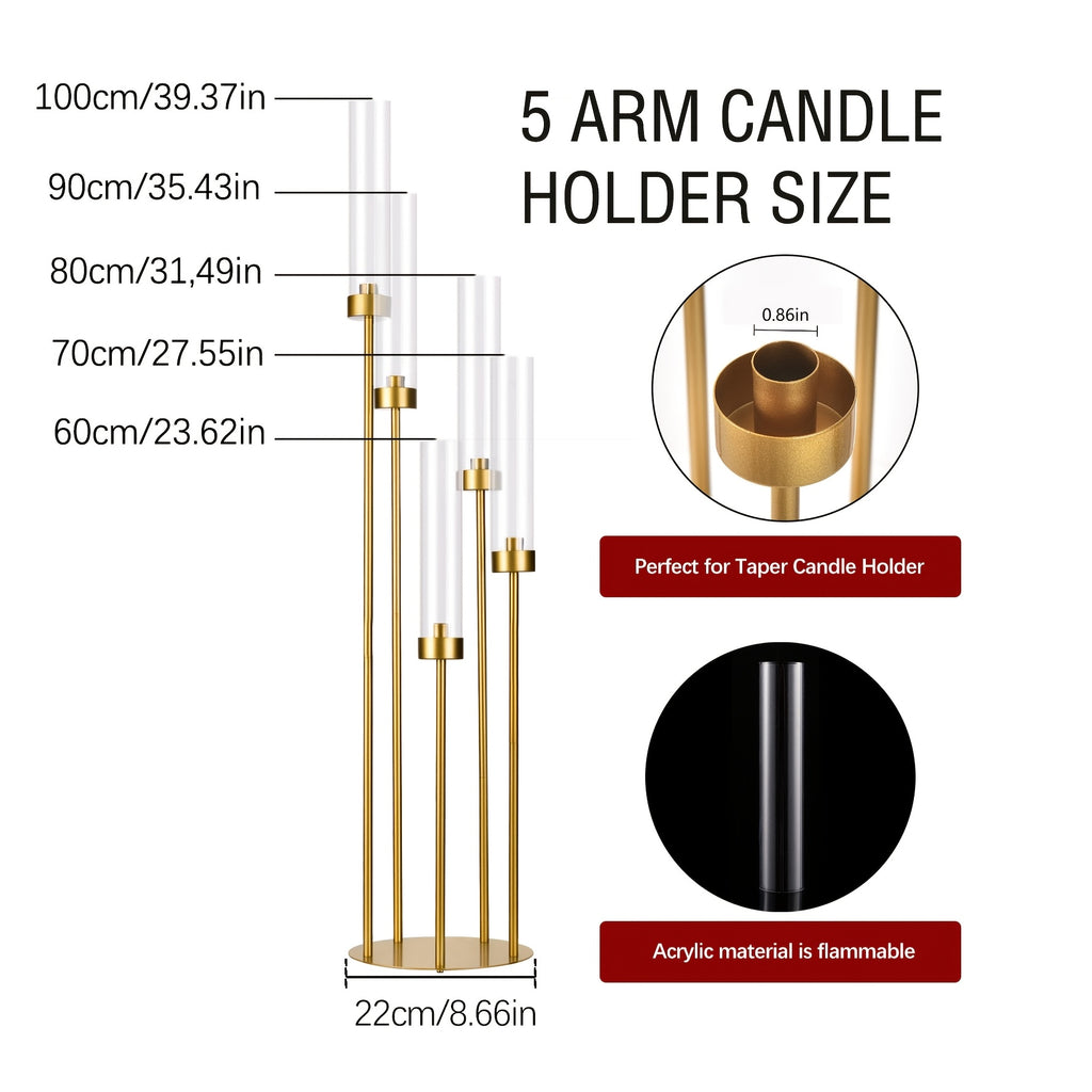 10 Sets Acrylic Candelabra Centerpieces 39.4" Tall Clear Candle Holders Pillar Taper Candlestick with Lampshades 5 Arm Floor Candelabra Stand for Wedding Christmas Ceremony Dinner Party Halloween Christmas