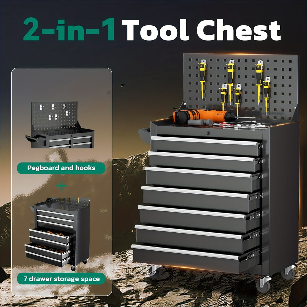 7-Drawer Metal Tool Chest, Rolling Tool Chest with Wheels, Tool Cabinet with Top Pegboard And Hooks, Metal Tool Cart with Handle for Garage, Workshop, Warehouse