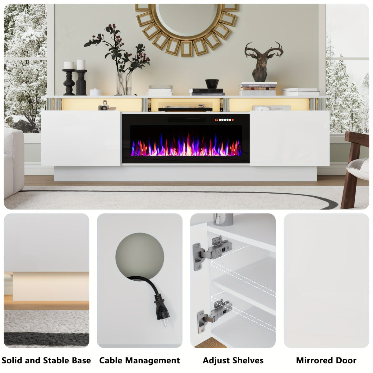 80 Inch LED Entertainment Center with 36 Inch Fireplace, for TVs Up to 90 Inches, Modern Wood TV Cabinet with High-gloss Storage, TV Stand with LED Light Strip Fireplace for Living Room