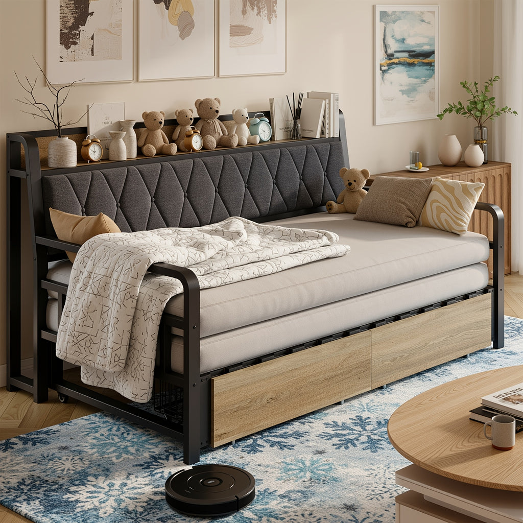PAZCASA Twin Daybed with Pop-Up Trundle & Storage Drawers, Converts to King Size, Headboard with Built-In Power Outlet, Metal Frame - for Living Room, Guest Room, Dorm, Black