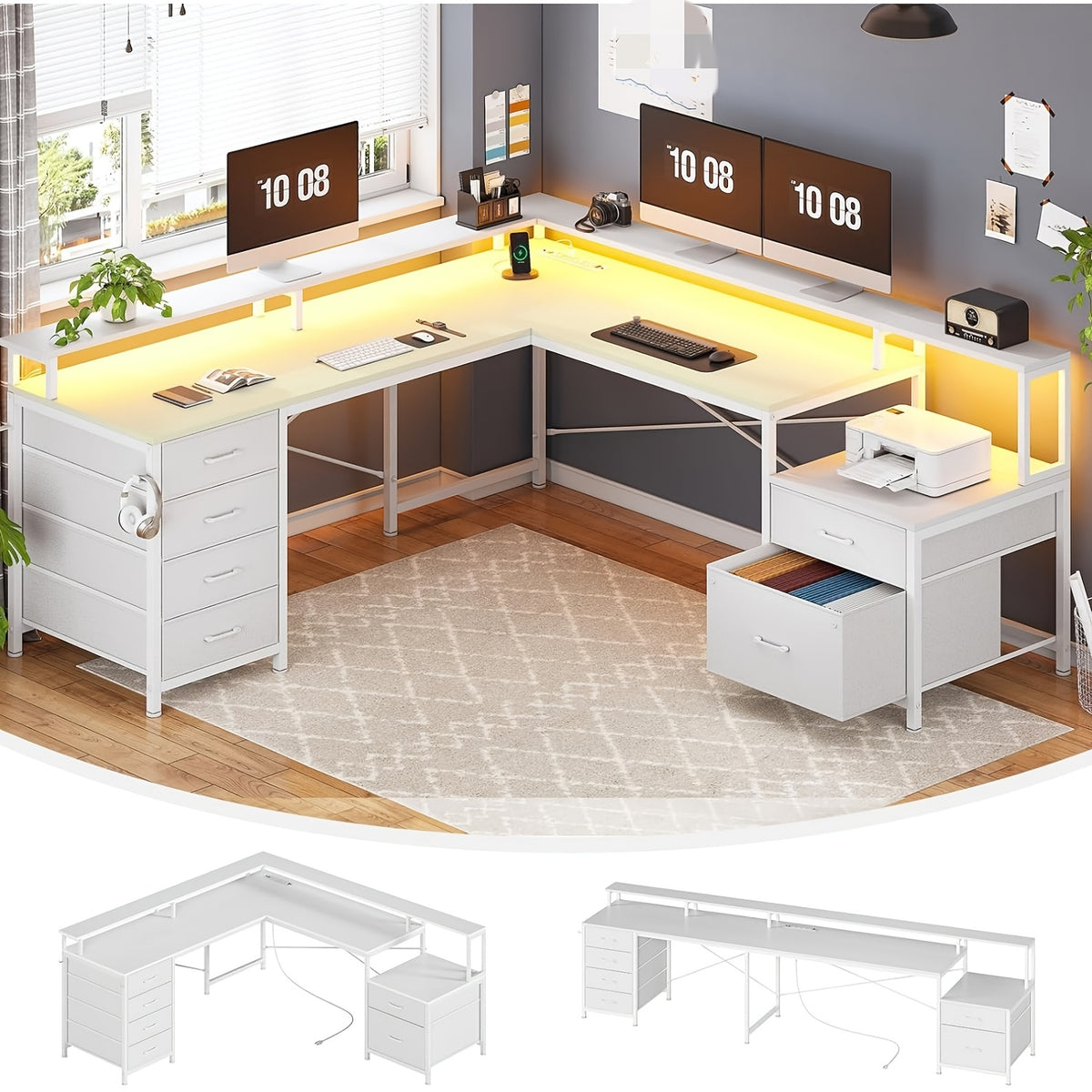 L-Shaped Desk – Reversible Workspace Desk for Two-Person Computer Setups with Six Drawers and LED Lighting