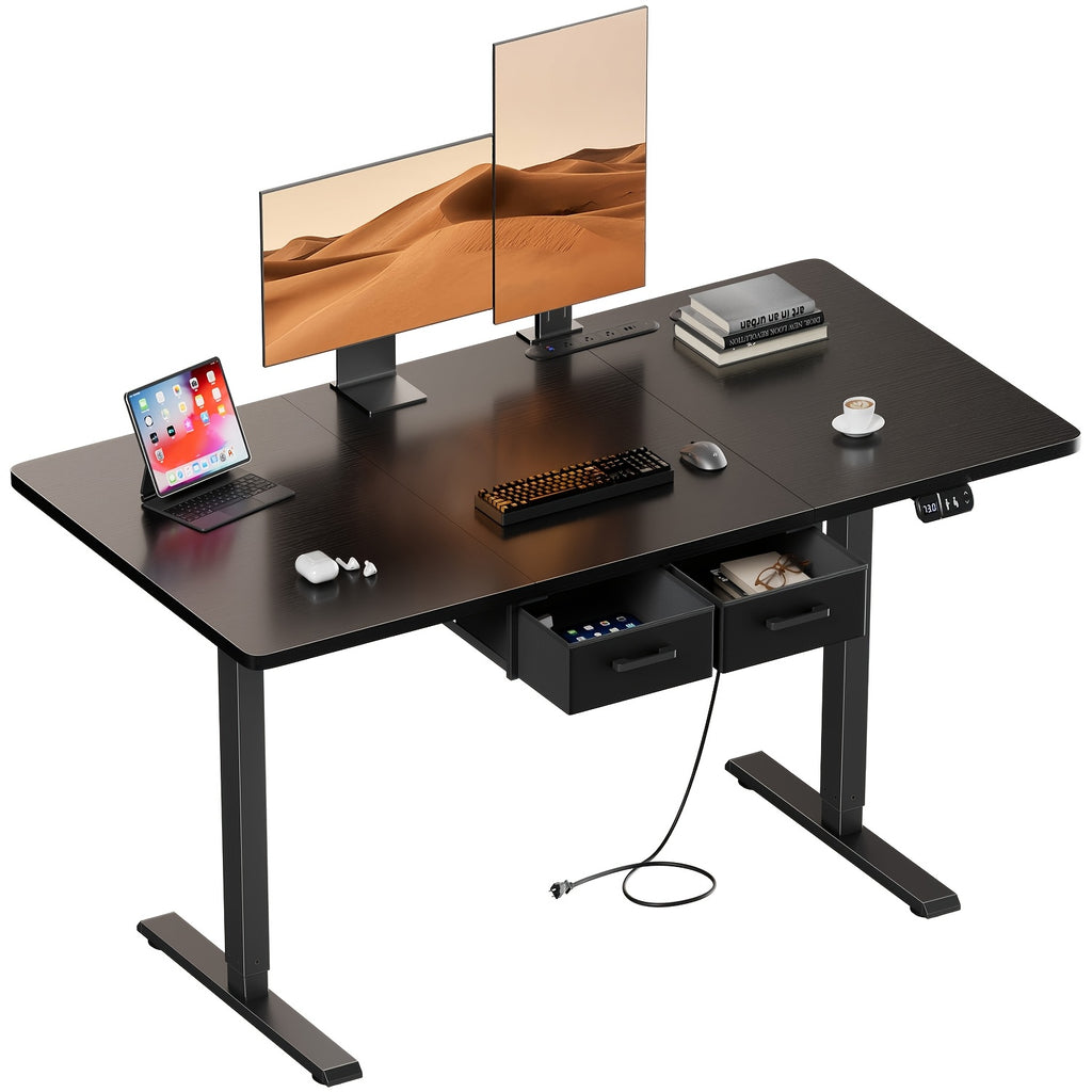 Electric Standing Desk with Dual Drawers and Built-In Power Panel for Home Offices and Gaming Setups