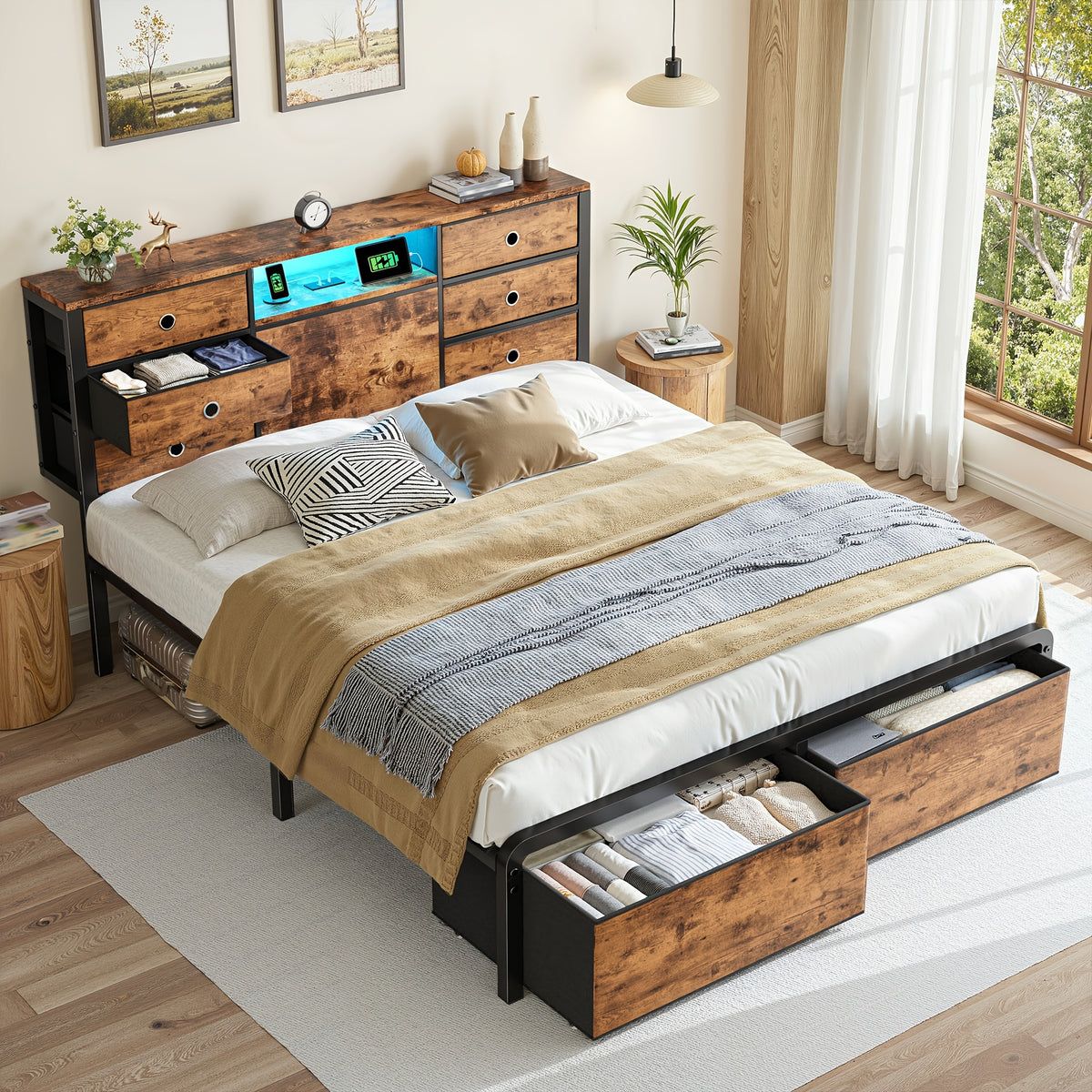Reinforced Storage Bed Frame, King/Queen/Full with 8/9 Drawers, Headboard Storage, Multi-Color LED Lights & Charging Station, Noiseless & Easy Assembly, Black/Tiger Brown