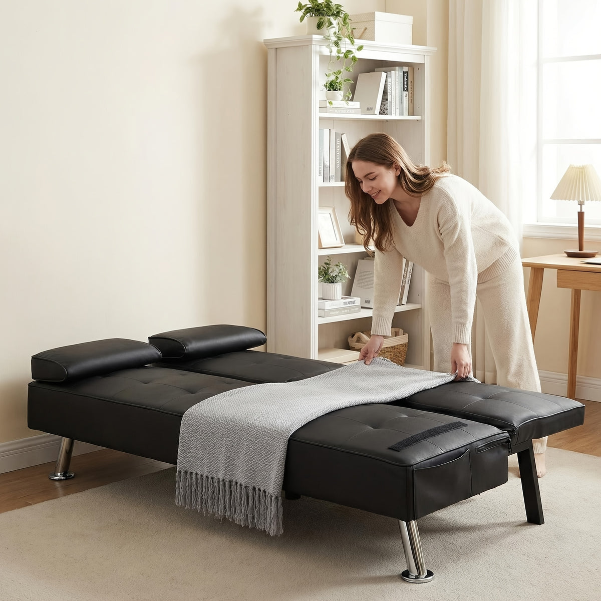 67" Convertible Futon Sofa Bed, 2 Thickness Seat Cushion, Adjustable Folding Couch with Detachable Armrest & Cup Holders, Heavy Duty 700 LBS Metal Frame, Multifunctional Sleeper Sofa for Living Room Bedroom Apartment Dorm