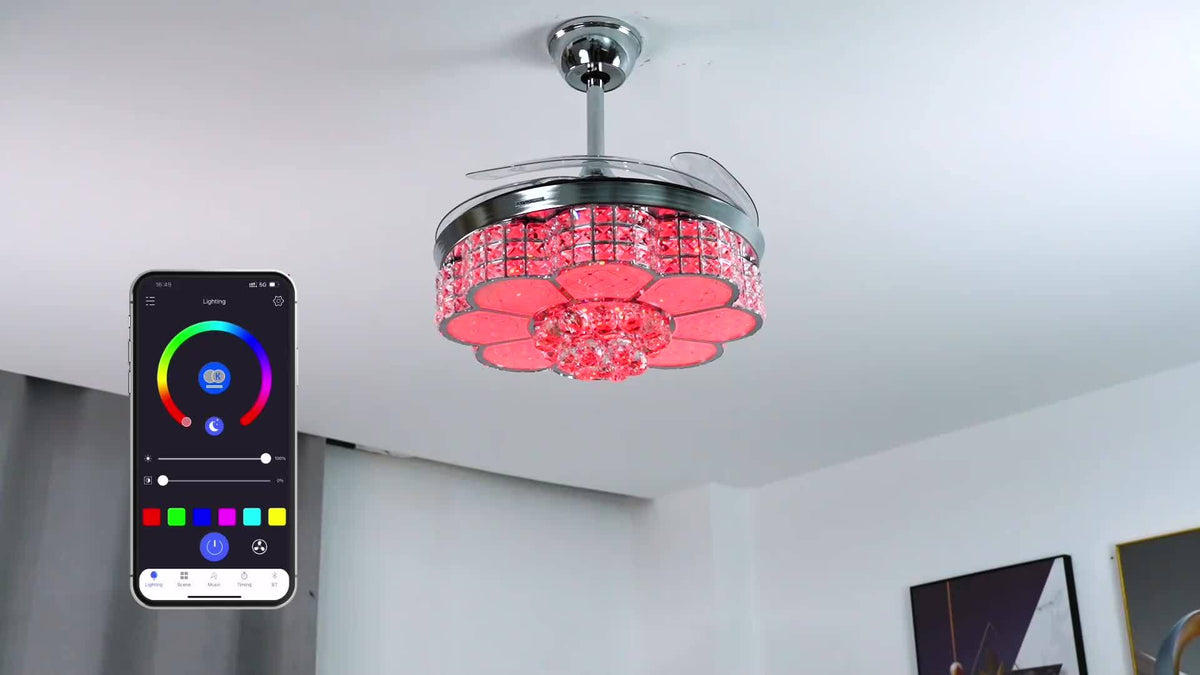 42-Inch Crystal Decoration with RGB Ceiling Fan And Light, Supports Infinite Dimming And Light Memory. with Speakers, 6 Speeds Reversible Blades, Flush Mount Chandelier Ceiling Fan Remote Control And APP Convenient Control Way