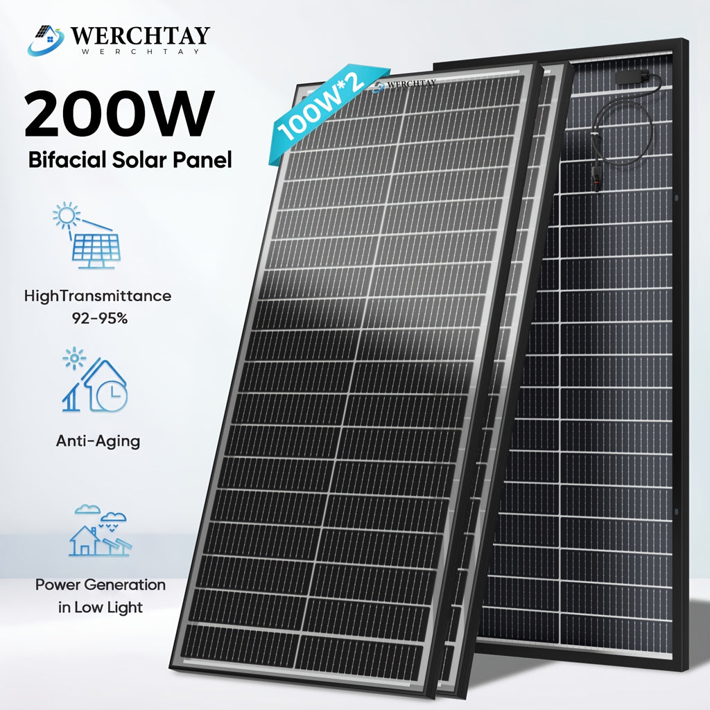 Werchtay 200W Solar Panel, 12V Monocrystalline High-conversion Photovoltaic Modules, Suitable for Off-grid Systems Such As RVs, Home Battery Charging, Stadiums, And Industrial Power Applications(100W*2/100W*1)