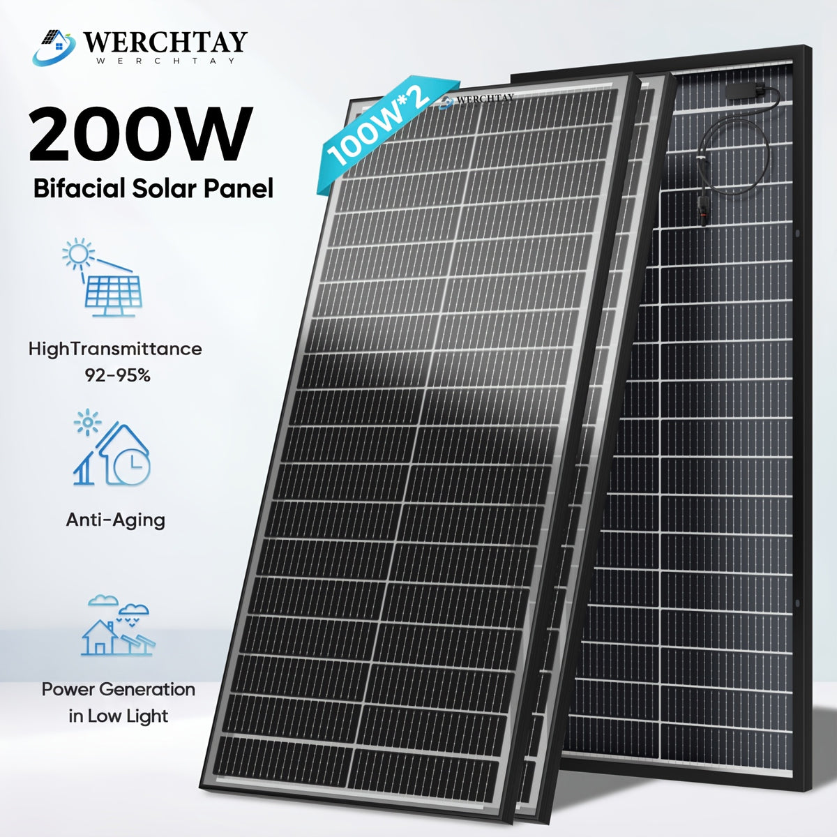 Werchtay 200W Solar Panel, 12V Monocrystalline High-conversion Photovoltaic Modules, Suitable for Off-grid Systems Such As RVs, Home Battery Charging, Stadiums, And Industrial Power Applications(100W*2/100W*1)