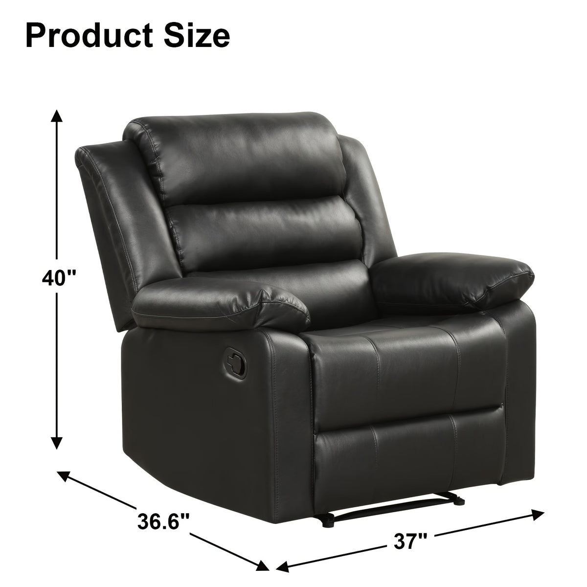 Black Recliner Chair with Overstuffed Arm and Back, Breathable Faux Leather Manual Reclining Chairs, Living Room Single Sofa Recliners