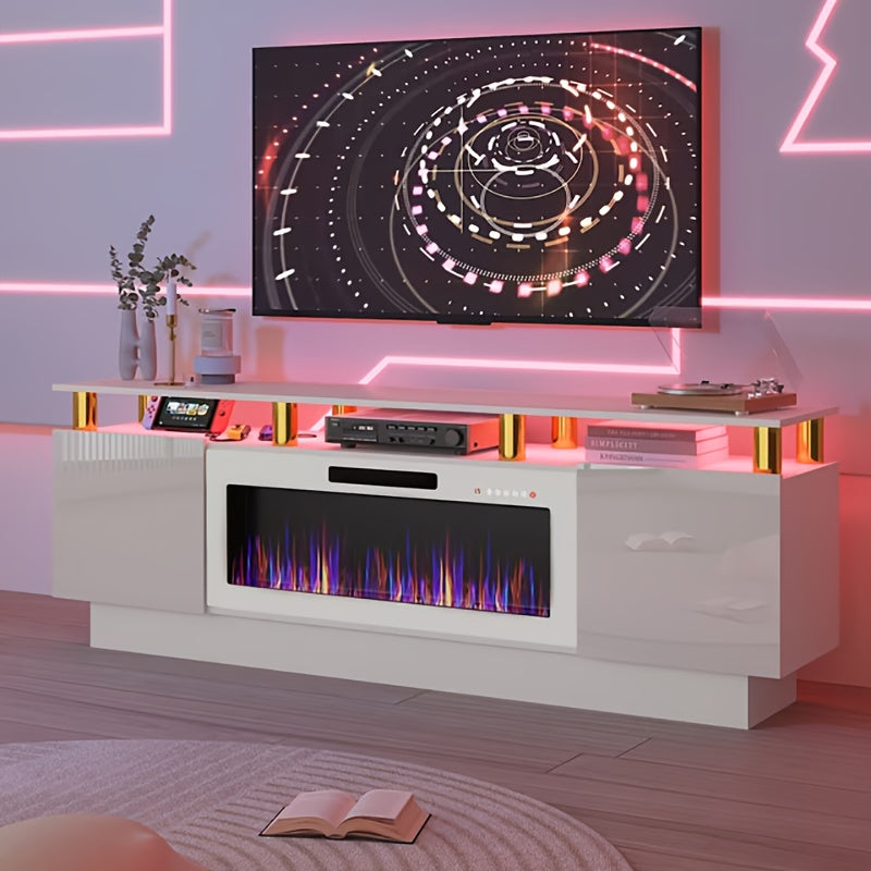 70-Inch Contemporary TV Stand Featuring a 36-Inch Electric Fireplace, Designed As an Entertainment for Televisions Up to 80 Inches, with Modern Wooden Media Storage Cabinets Suitable for The Living Room