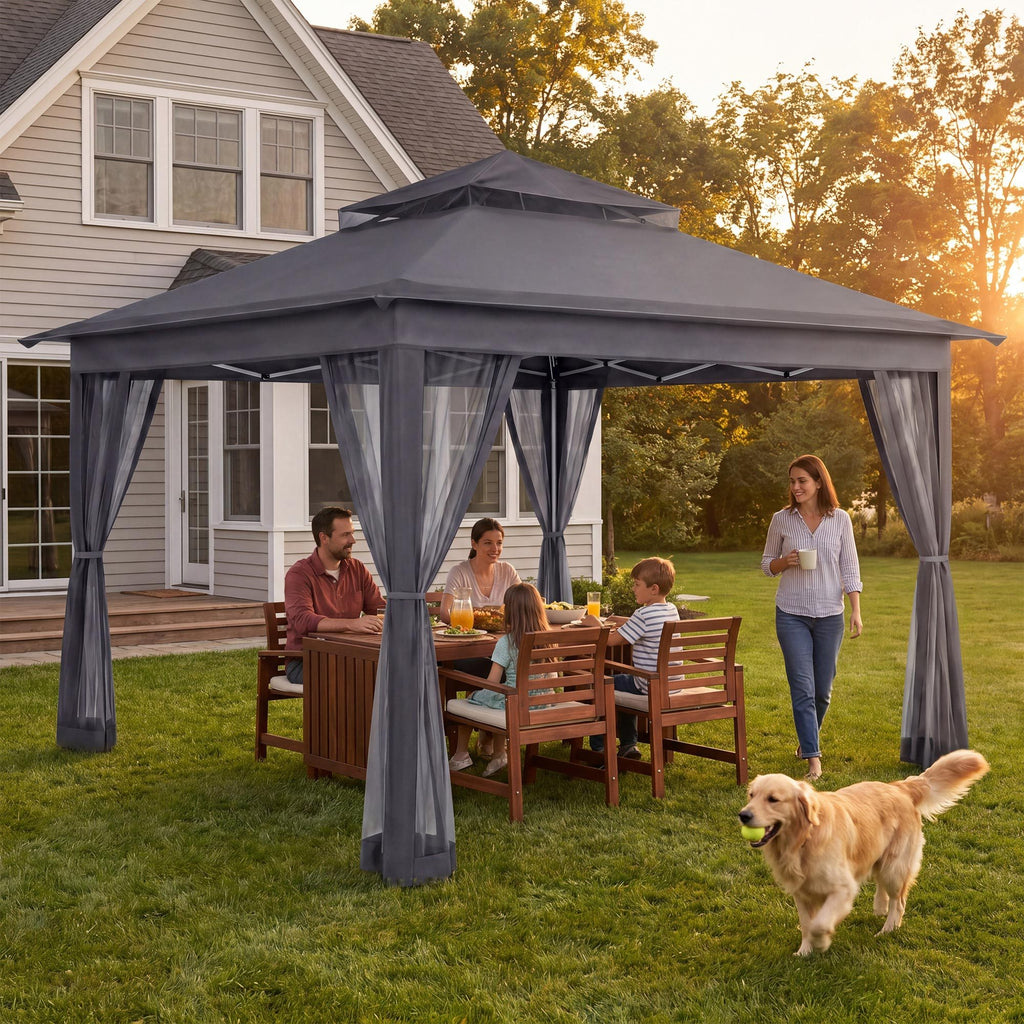 KAMEROUT Canopy Gazebo with Full Mesh Sidewalls, One-Touch Instant Setup Height Adjustable Outdoor Shelter Tent for Patio Backyard Party BBQ