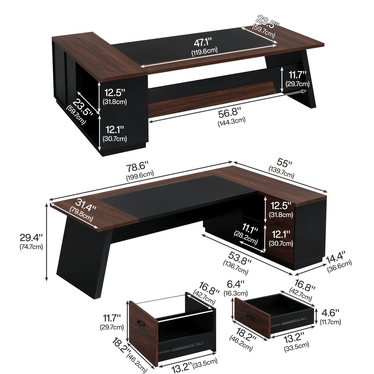 78 Inch L-Shaped Executive Desk, Modern Home Office Desk with Storage Shelves, Large Computer Desk with Drawers and Lateral File Cabinet, Workstation for Home Office