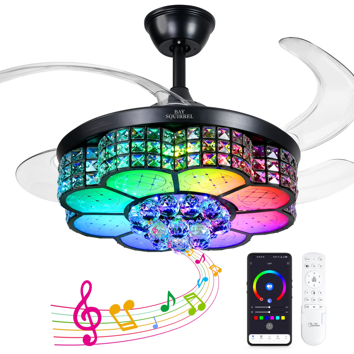 42-Inch Crystal Decoration with RGB Ceiling Fan And Light, Supports Infinite Dimming And Light Memory. with Speakers, 6 Speeds Reversible Blades, Flush Mount Chandelier Ceiling Fan Remote Control And APP Convenient Control Way