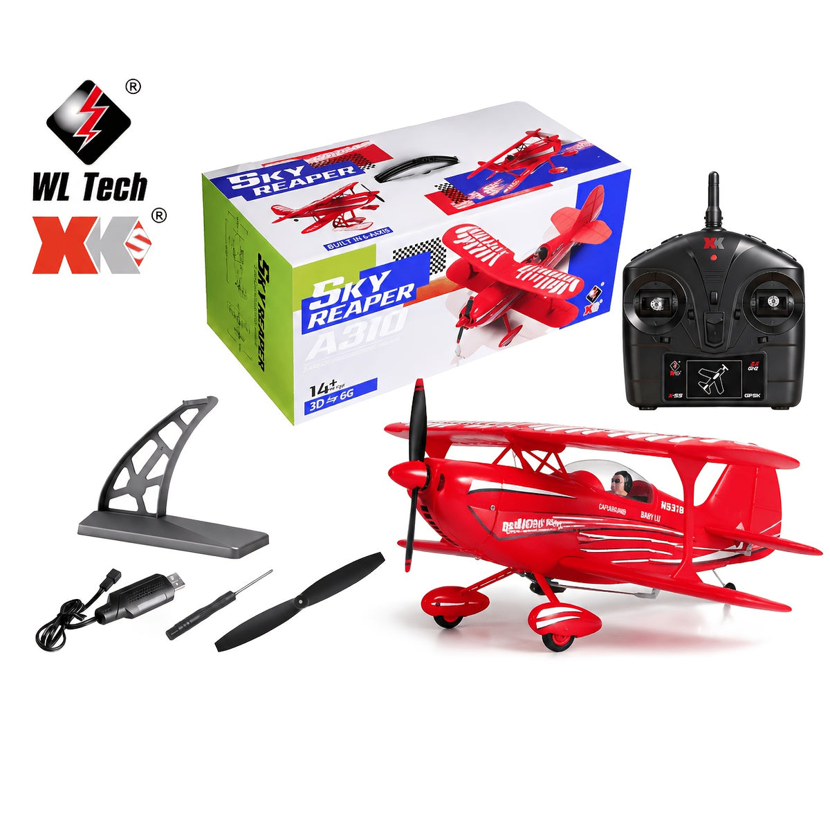 WLtoys XK A310 RC Biplane, 4CH 2.4GHz Fixed-Wing Plane, 3D/6G Mode & 6-Axis Gyro, Brushless Motor, EPP Foam, 5-7 Min Flight, RTF Outdoor Aerobatic Aircraft For Beginners Hobbyists