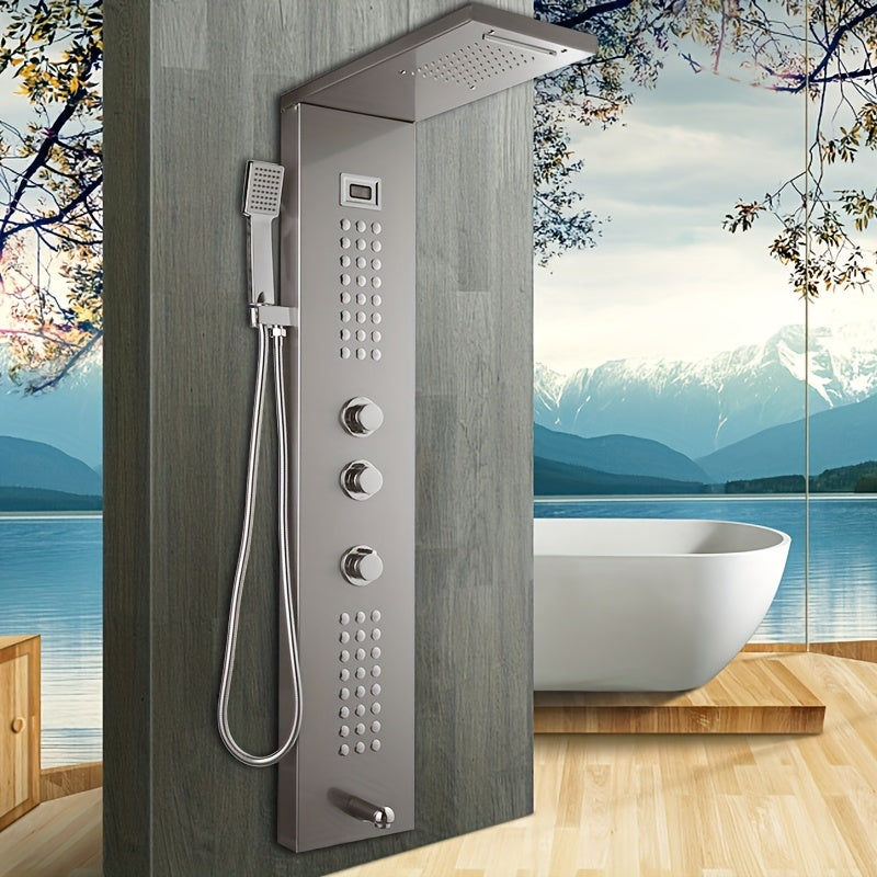 Luxurious Brushed Nickel Rainfall Shower System with Digital Display Mixer & Body Massage Jets - Wall-Mounted, Dual-Function Hand Sprayer for a Premium Bathroom Experience
