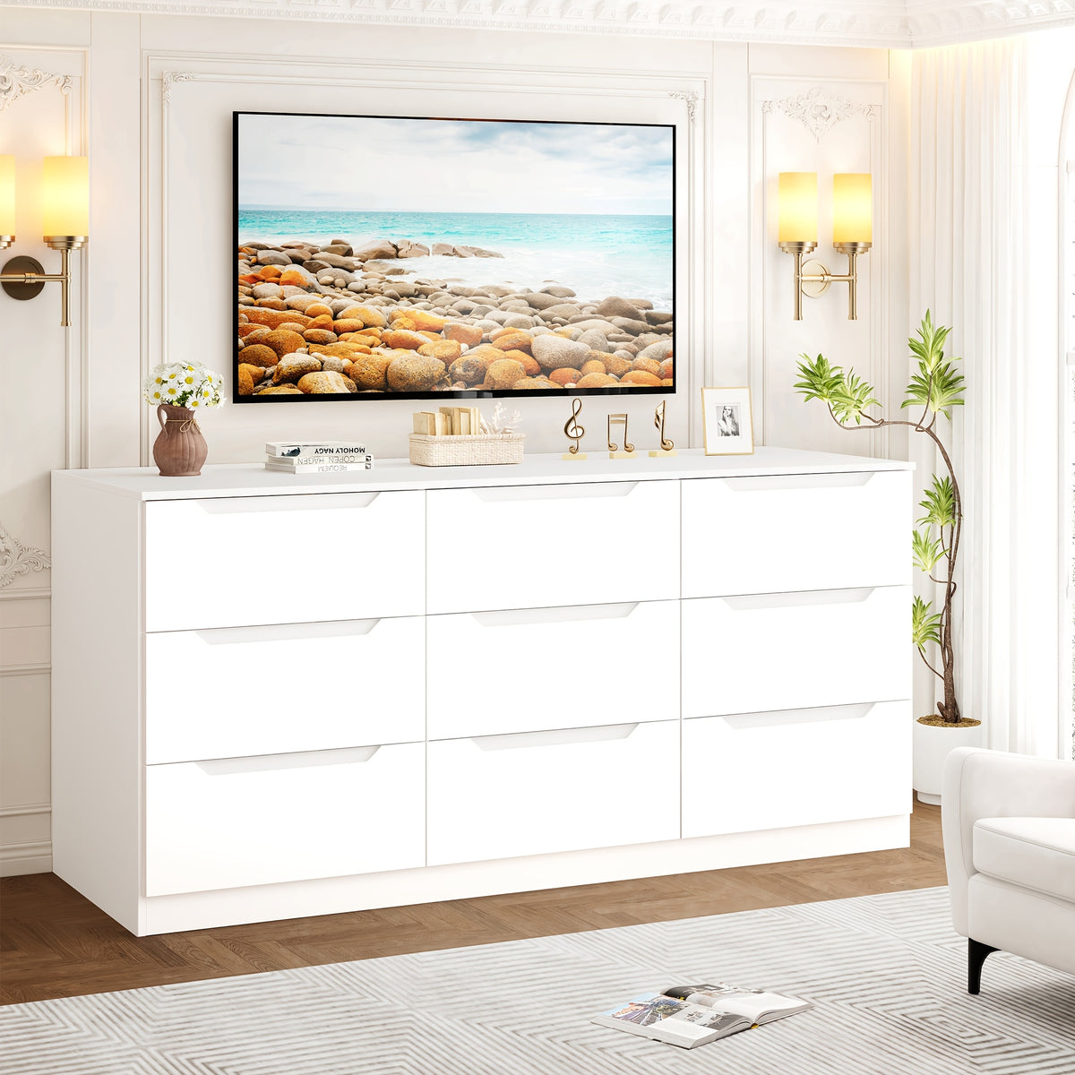 Winkalon 9-Drawer Dresser for The Bedroom, Black And White Chest of Drawers, Contemporary Storage Cabinet, Wooden Organizer for Living Room, Hallway, Entryway, And Home Office