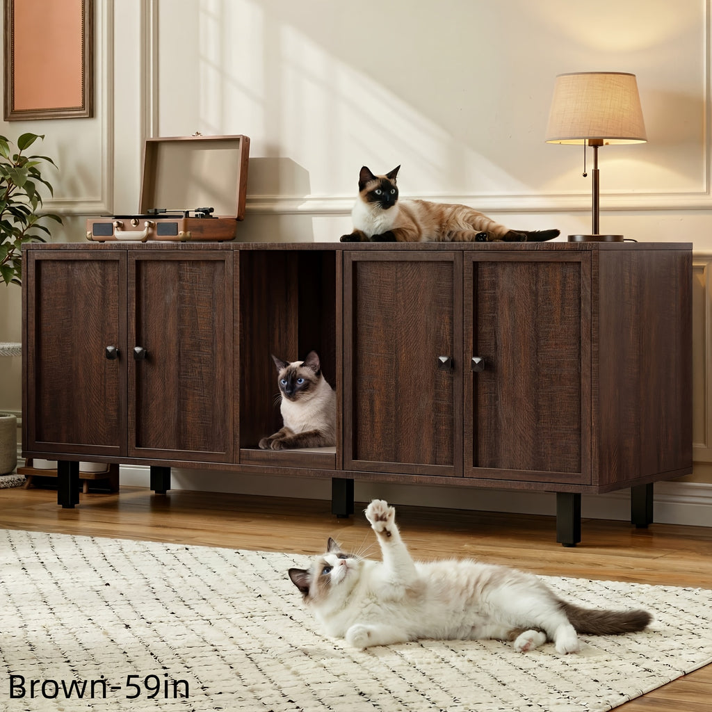 [Cat Litter Box Enclosure] 59 Inches Cat Litter Box Enclosure for 2 Cats, Hidden Litter Boxes Furniture with Cat Scratch Pad, Large Indoor Cat House with Double Room, Wooden TV Stand Side Table, Black