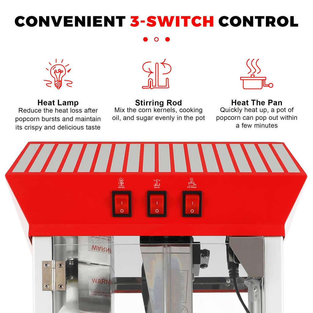 12Oz Popcorn Machine with Cart, 3-Switch Popcorn Maker, Stainless Steel And Tempered Glass, Perfect for Movie Theaters, Parties And Family Gatherings
