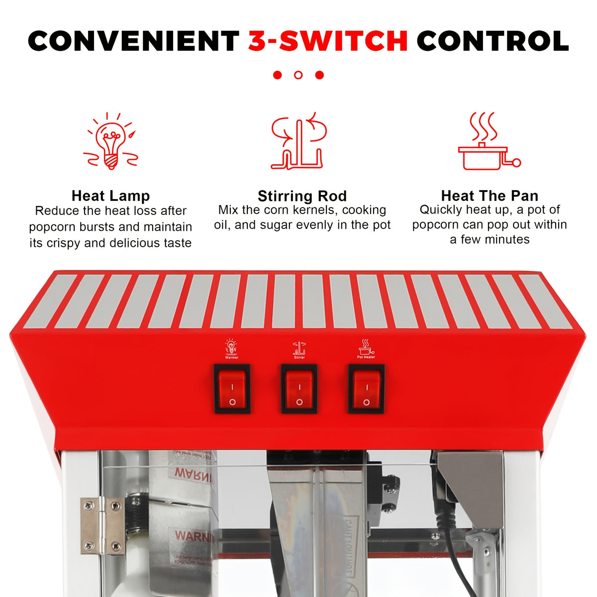 12Oz Popcorn Machine with Cart, 3-Switch Popcorn Maker, Stainless Steel And Tempered Glass, Perfect for Movie Theaters, Parties And Family Gatherings