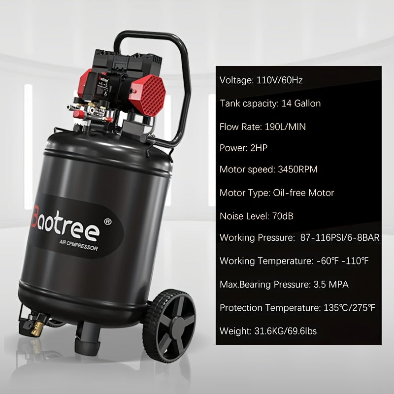 Ultra Quiet 14/10/8 Gallon Oil-Free Air Compressor With Wheels, Fast 60-Second Inflation, 3.5MPA Durable Design & Automaticoverheat Protection For Home/Commercial Use