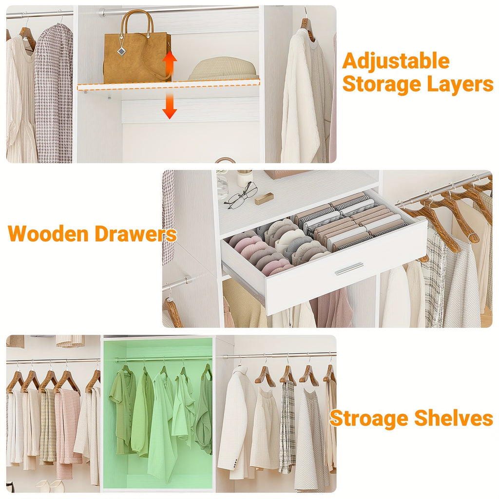 8ft Closet System, 96 Inch Walk In Closets Organizer Kit with 4 Extendable Hanging Rods And Drawer, Adjustable Wood Garment Rack, Sturdy Closet Insert, Easy Assembly, Max Load 1000 LBS, White