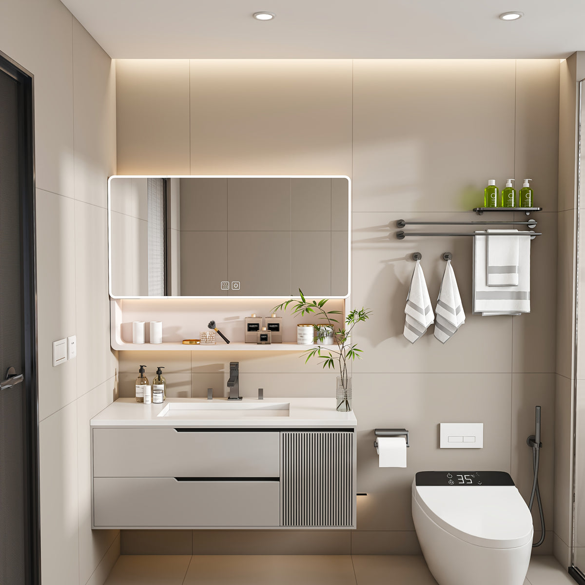 Legend Stone 35"x 28" Aluminum Bathroom Mirror Cabinet with Smart LED Lighting And Defogging, Wall-Mounted Vanity Mirror with Cosmetic Storage Rack And Hair Dryer Holder, Khaki