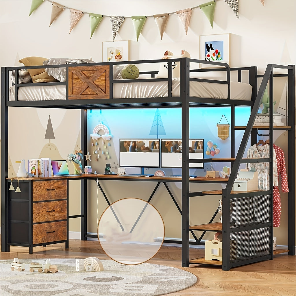 Stairway Twin Size Loft Bed with L Shaped Desk and Wardrobe, Metal Loft Bed Frame with Storage Stairs, 3 Drawers and LED Lights