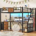 Stairway Twin Size Loft Bed with L Shaped Desk and Wardrobe, Metal Loft Bed Frame with Storage Stairs, 3 Drawers and LED Lights
