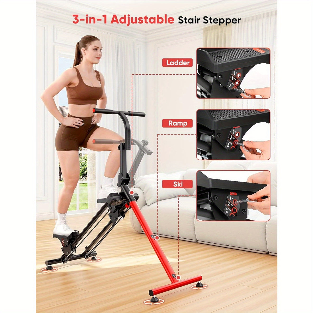 Adjustable Stair Stepper for Home with 3 Workout Modes, Folding Stair Climber with Ski Simulation & Oversized Pedals, 660LBS Capacity Step Machine with Handlebar, 90% Pre-Assembled Fitness Equipment, Without Battery