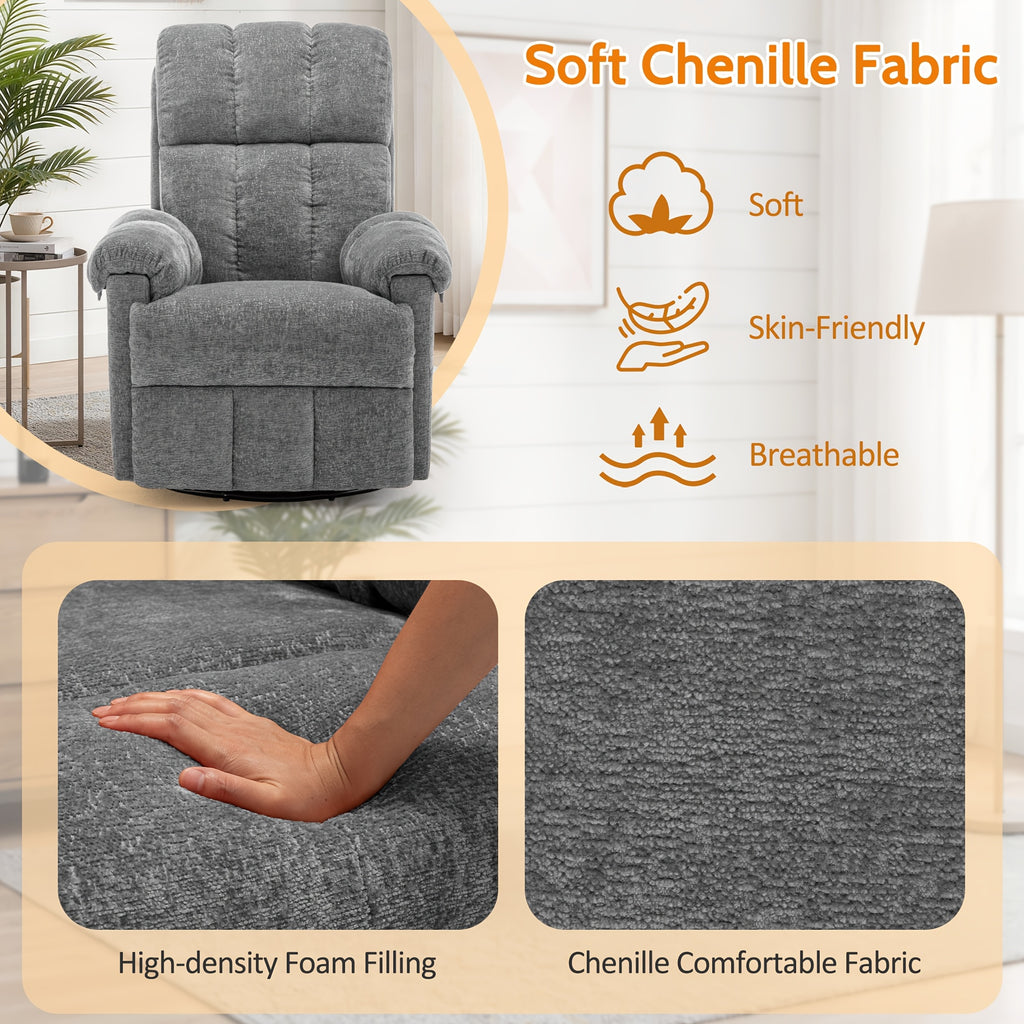 Living Room Single Chair, 360° Swivel Rocking Chair, Manual Rocking Chair for Small Spaces, Rocking Chair with Side Pockets And Armrest Storage, Deep Seat Cushion And Plush Backrest, Chenille Fabric, a Recliner Suitable for The Living Room