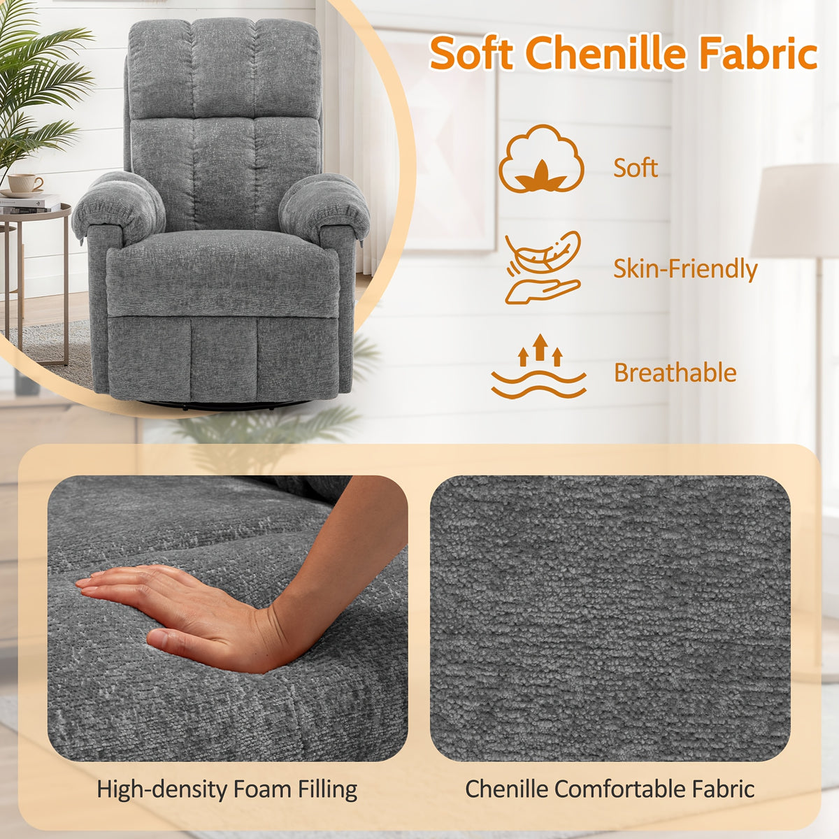 Living Room Single Chair, 360° Swivel Rocking Chair, Manual Rocking Chair for Small Spaces, Rocking Chair with Side Pockets And Armrest Storage, Deep Seat Cushion And Plush Backrest, Chenille Fabric, a Recliner Suitable for The Living Room