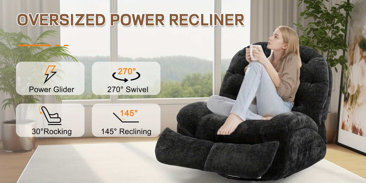 Living Room Swivel Recliner, Adult Electric Recliner with USB Ports and Side Pocket Storage, Comfortable Soft-shell Rocking Chair, Chenille Material Large-seat-width Recliner for the Living Room, Generously Wide Seating, a Fine Gift