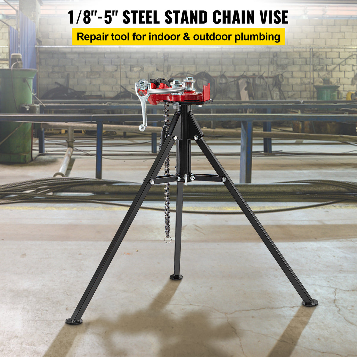 VEVOR Tripod Pipe Chain Vise, 1/8\"-5\" Pipe Capacity, 36.4“ Length Chain Vise Stand with Portable Folding Steel Legs, for Grabbing, Supporting and Bending Pipes in Factory, Workshop and Home