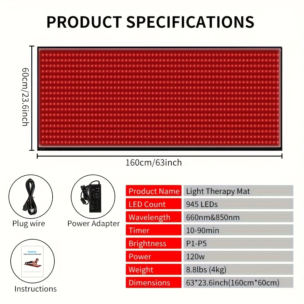 63'' X 23.6'' LED 660Nm Red Light Therapy Mat 850Nm Near Infrared Light Therapy Devices Large Pads for Whole Full Body, Father 'S Day Gift