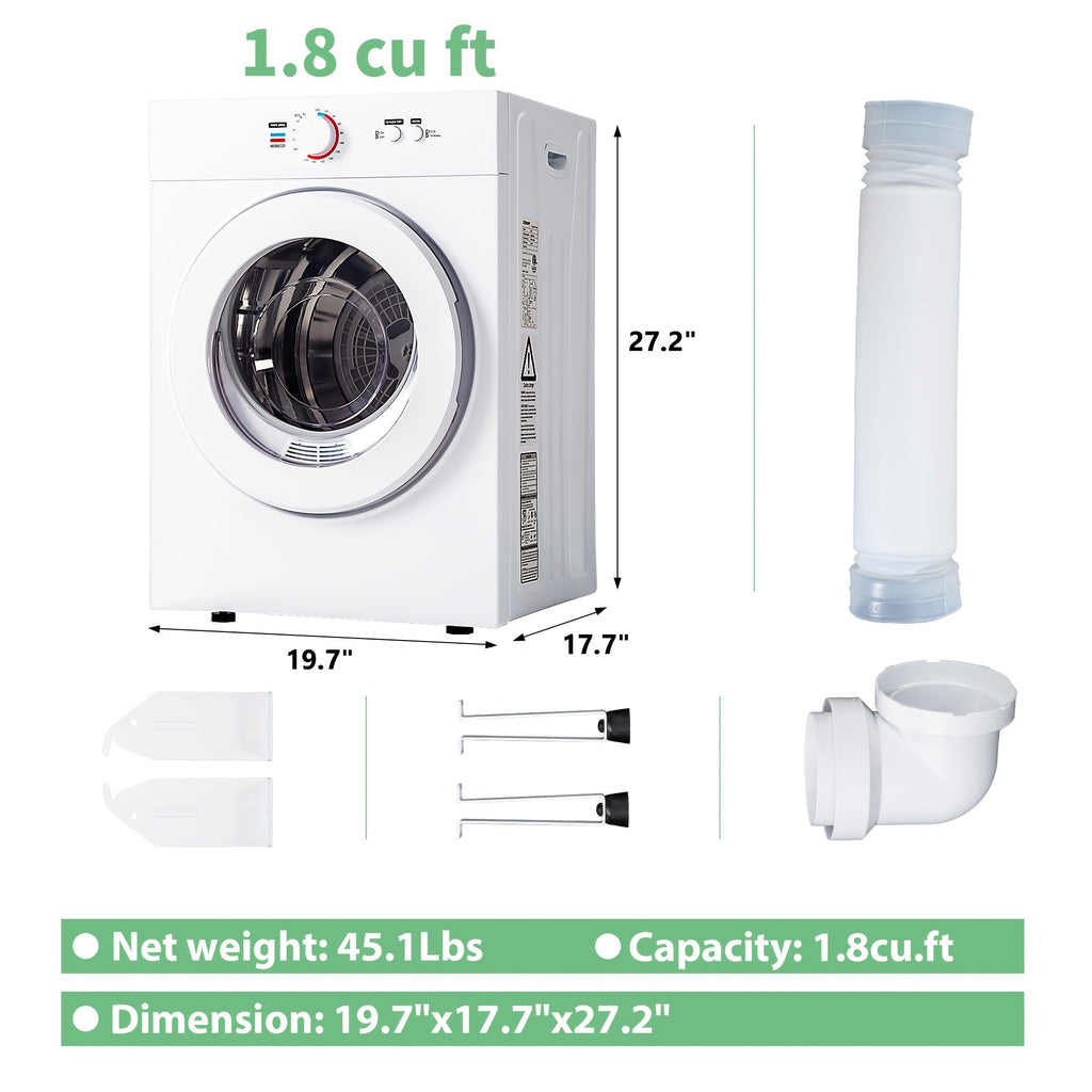 850W Compact Portable Clothes Dryer, 110V, 1.5/1.6/1.85/2.65Cu.ft Front Load with Stainless Steel Tub, Electric Laundry Drying Machine, Easy to Control, Perfect for Apartments, RVs, Dorms, In White.