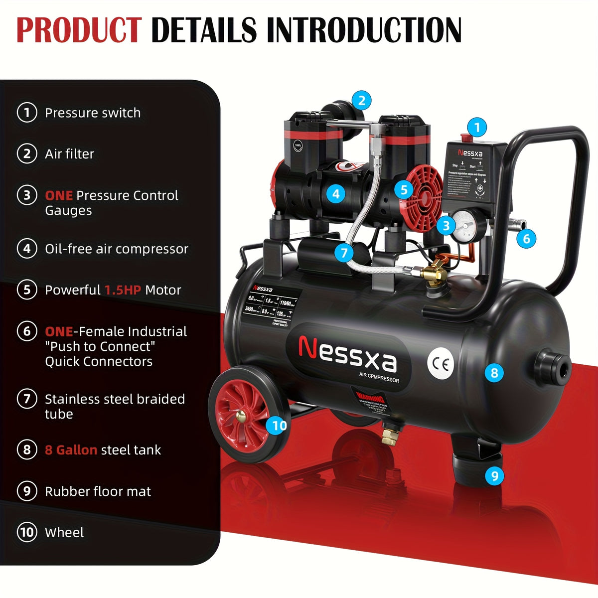 8 Gallon Ultra Quiet Air Compressor, 1.5HP 4.52 CFM, Max 115 PSI Oil-Free Air Compressor Tank for Car Repair, Spray Painting, Woodwork Nailing, 110V/60Hz, 70dB