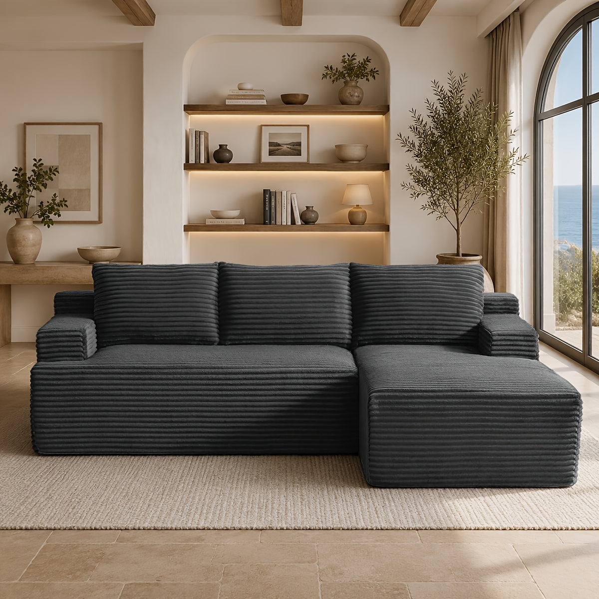 L-Shaped Cloud Sofa, 3-Seater Corduroy Sectional Couch with Oversized Chaise, Deep Seat Modular Sofa, No Assembly Required, Modern Couch for Living Room & Bedroom