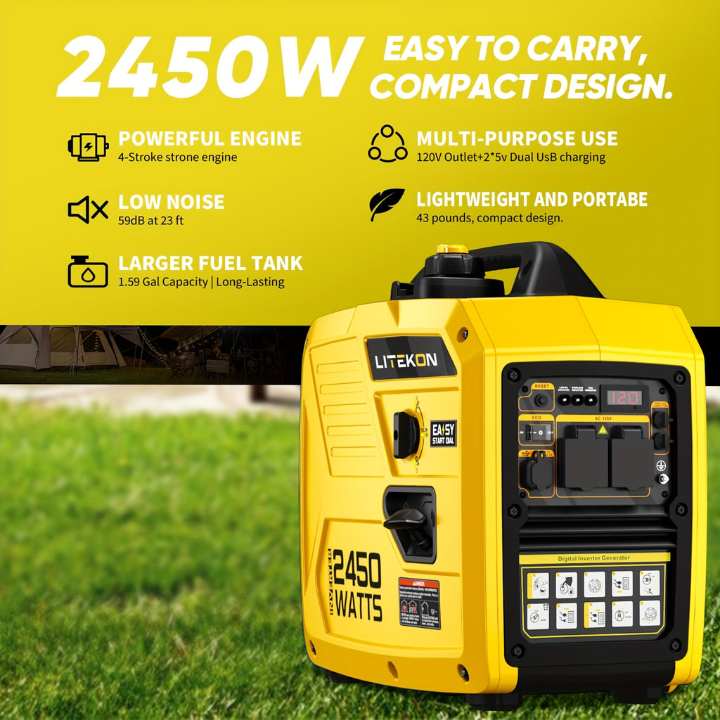 2450 Watt Inverter Generator, Quiet Gas Powered Generator, 1.6 Gallon Large Fuel Tank Fuel Capacity Up to 14 Hours, 120V AC Outlet, DC USB C Port, Parallel Ready, Metal Construction, Mobile Power Source, Robust Construction, Portable Generator