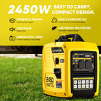 2450 Watt Inverter Generator, Quiet Gas Powered Generator, 1.6 Gallon Large Fuel Tank Fuel Capacity Up to 14 Hours, 120V AC Outlet, DC USB C Port, Parallel Ready, Metal Construction, Mobile Power Source, Robust Construction, Portable Generator