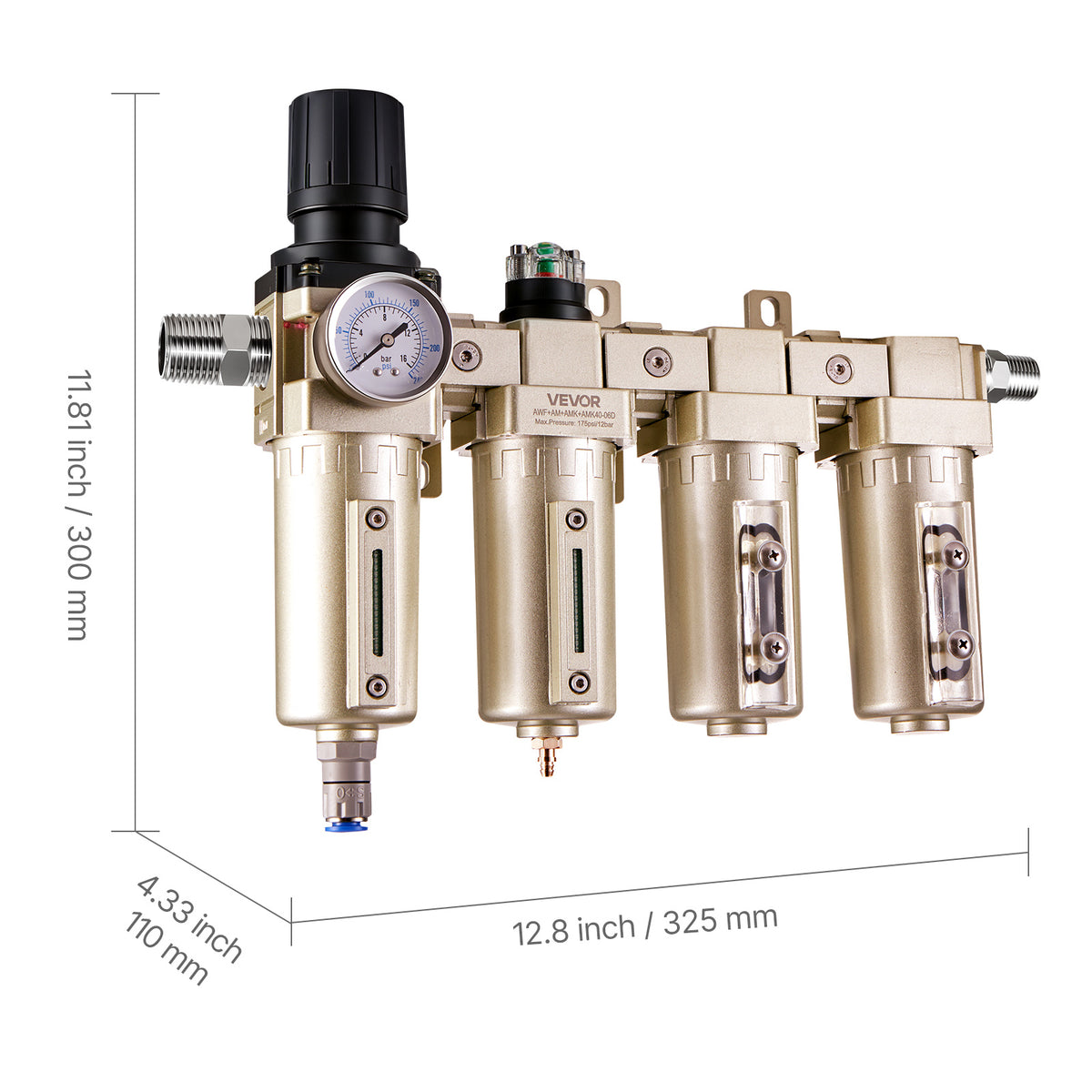 VEVOR Air Compressor Filter Regulator, 3/4" NPT 4-Stage 5μm & 0.3μm & 0.1μm & 0.1μm Air Drying System with Micron Filters & Double Desiccant Dryer, Auto Drain Air Compressor Water Separator 175PSI Max