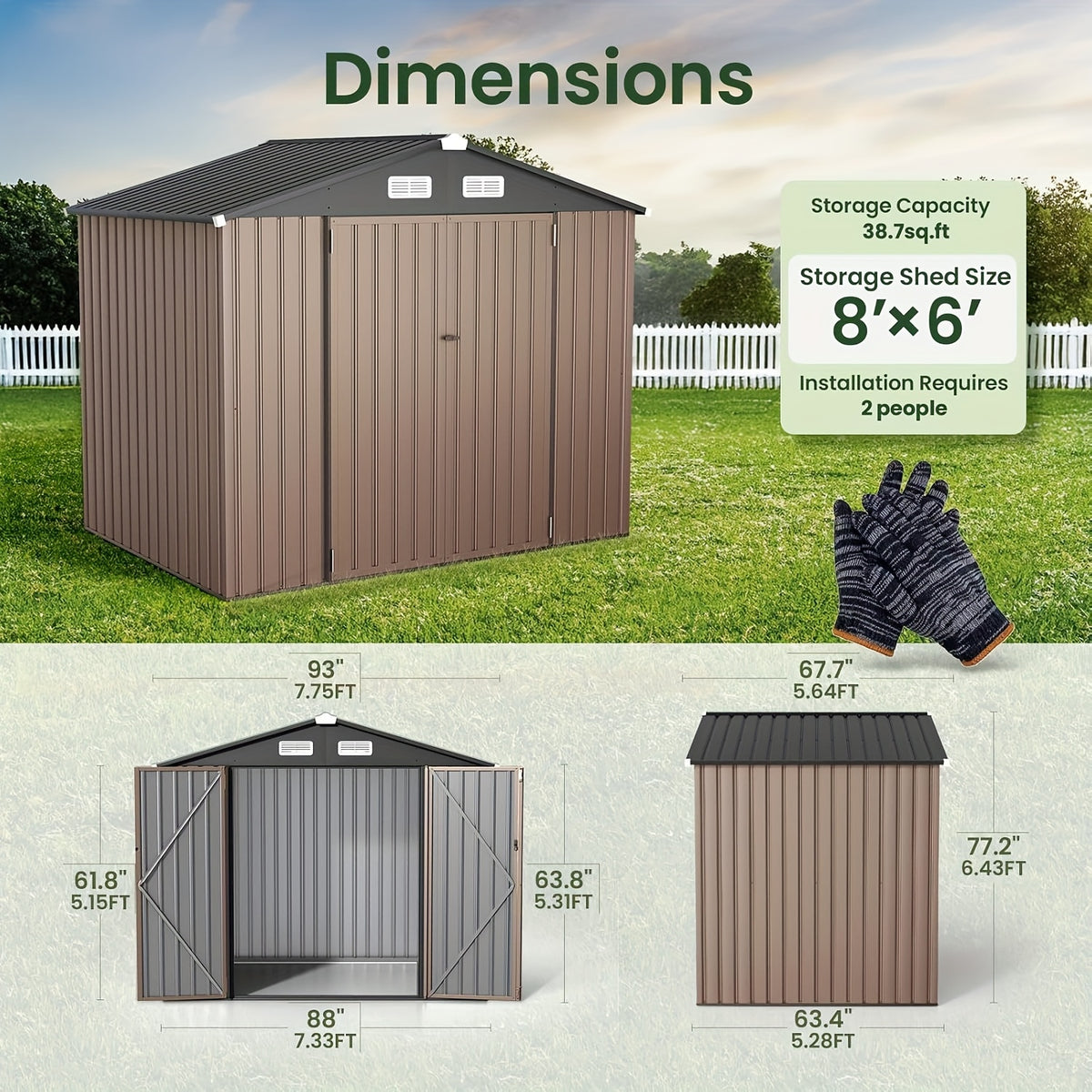 [Metal Storage Shed] 8x6ft (7.33'x5.28' Base, No Floor), 6 X 4ft, 10x12ft, 10x14ft, Metal Steel Outdoor Storage Shed with Air Vent & Lockable Doors, for Garden, Patio And Backyard, Tools, Bike