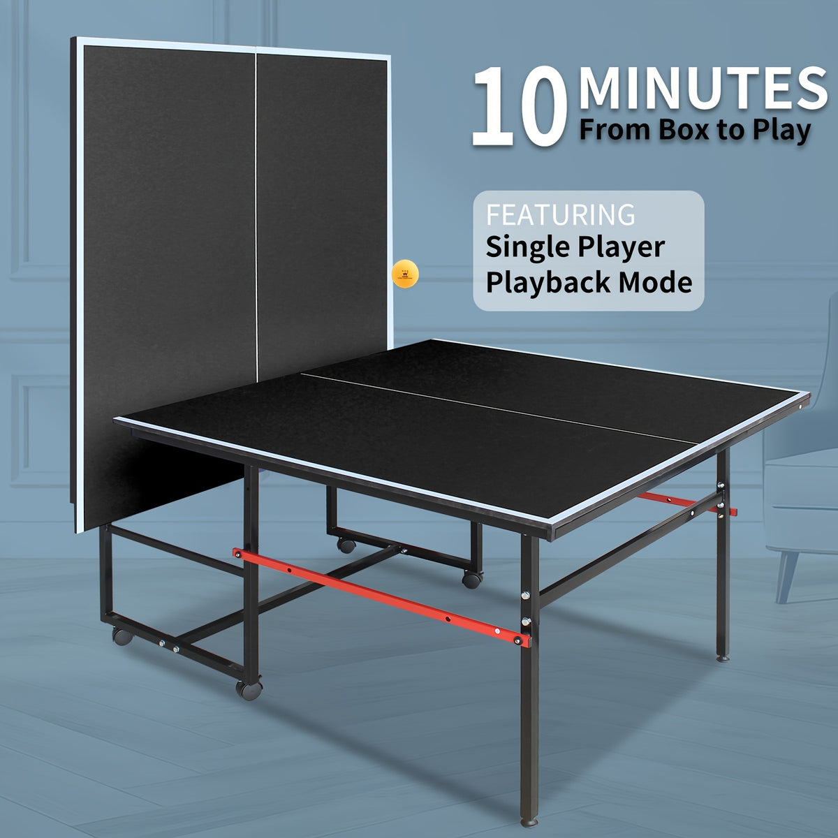 8ft Folding Rolling Table Tennis Table Regulation Ping Pong Table with 2 Paddles 3 Balls 1 Net And Post Set Fold-Up Design 4 Wheels for Easy Movement, BLACK