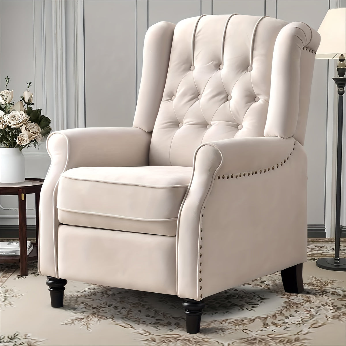 Pushback Recliner Chair, Fabric Armchair Push Back Recliner with Rivet Decoration, Mid Century Wingback Accent Chair for Living Room, Bedroom