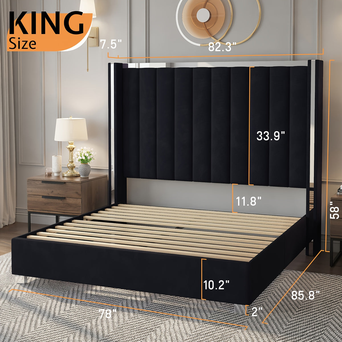 LUXOAK Velvet Upholstered Platform Bed with 58" Tall Channel Tufted Wingback Headboard, Plating Trim & No Box Spring Needed
