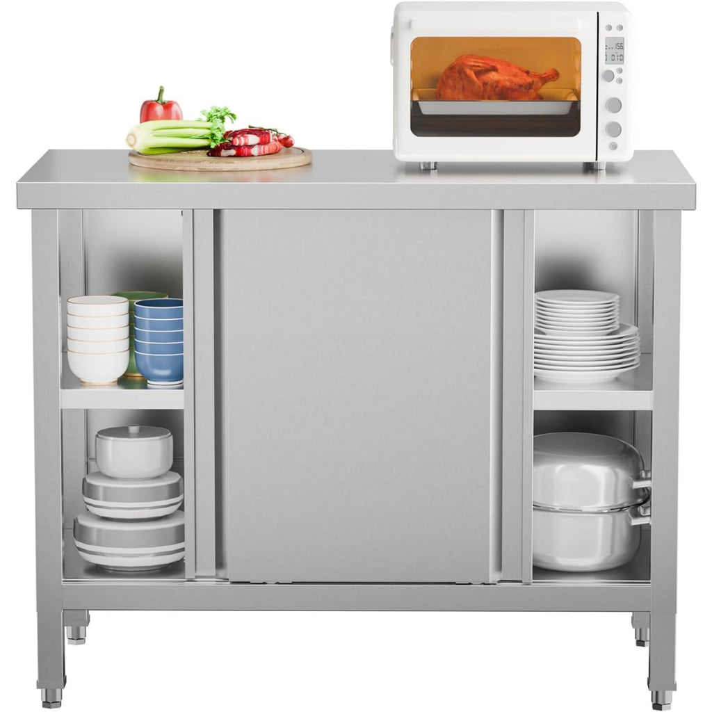 MEFEIR Commercial Stainless Steel Prep Table - 35"x28" Heavy Duty Kitchen Work Table w/ 2 Sliding Door Cabinet & Backsplash, Large Storage for Restaurant Food Prep
