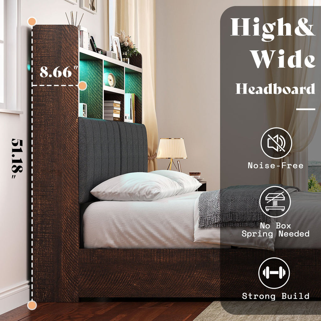 Platform Bed with 4 Storage Drawers, 51.2" Tall LED Bed Frame with Bookcase Headboard, Linen Upholstered, Charging Station& Hidden Storage Area, No Box Spring Needed
