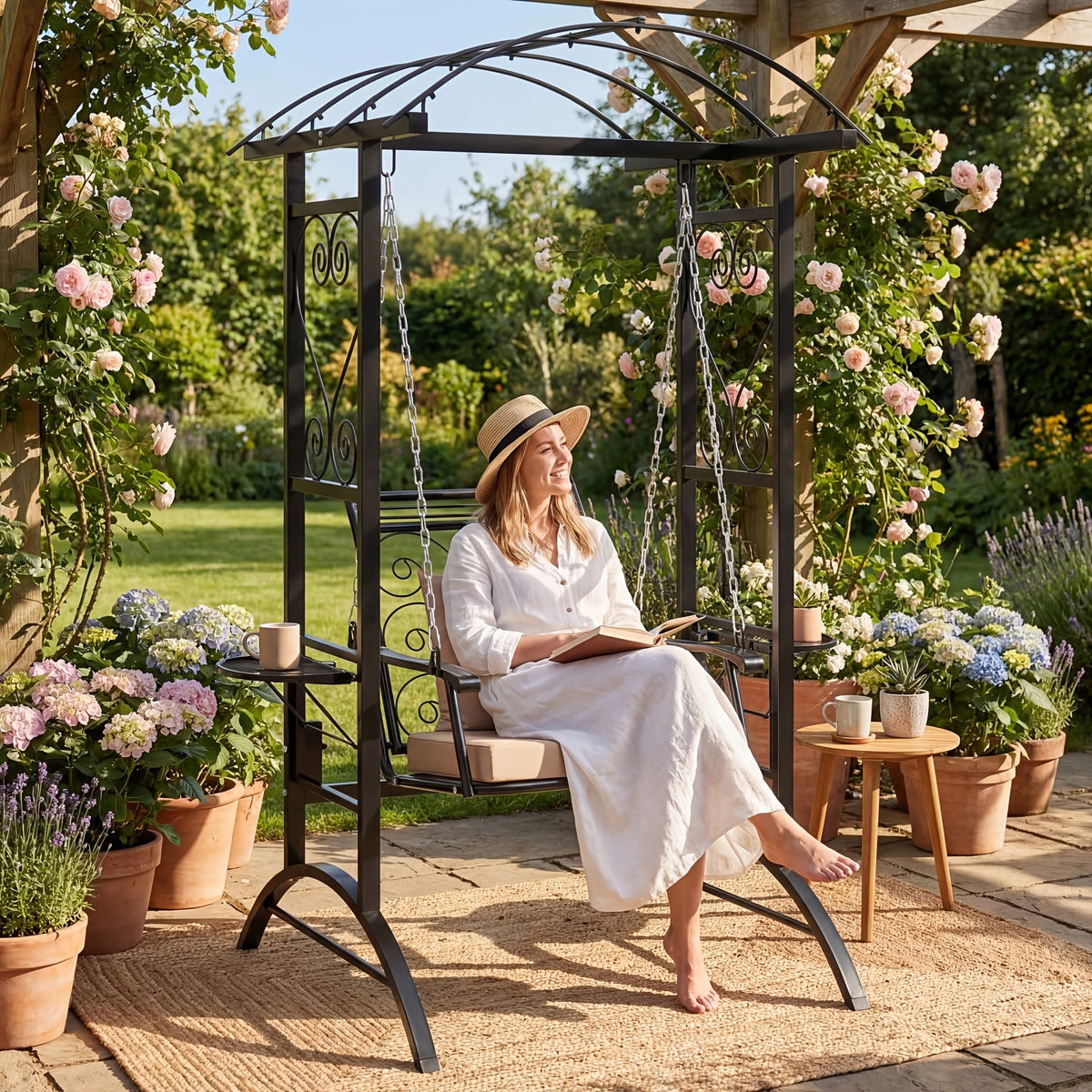Outdoor Porch Swing with Stand for Adults, Patio Swing Chair with Removable Cushions and Side Tables for Garden, Balcony, Backyard and Poolside