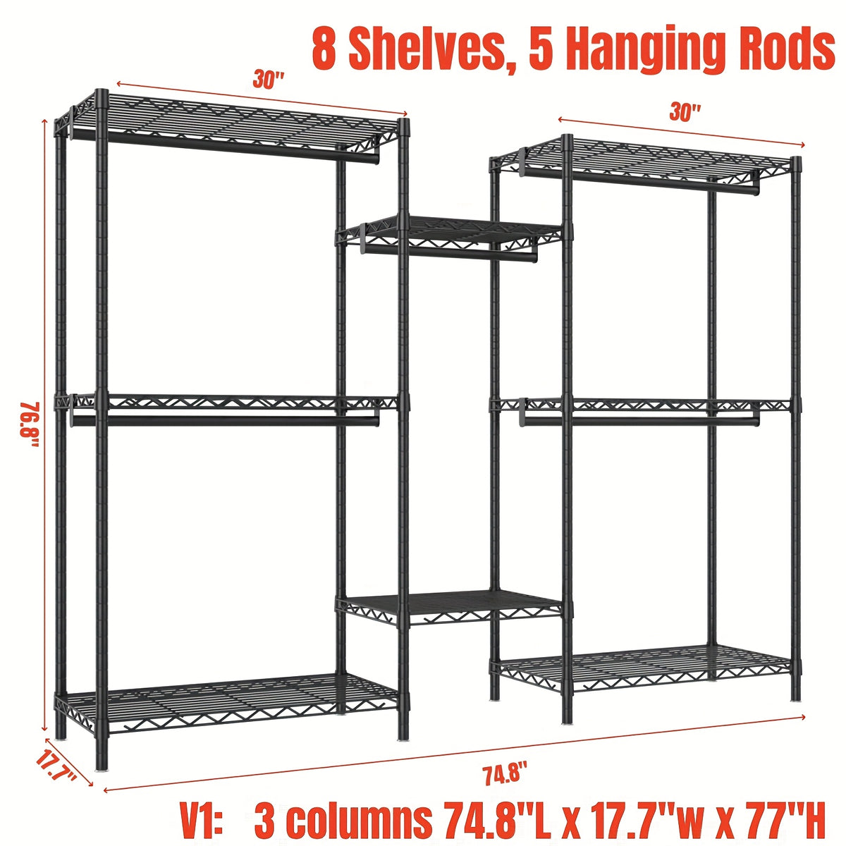 Extra Large Heavy Duty Clothes Rack, 2 Hanging Rods, 11 Dividers, 4 Installation Methods, 1100lb Load Capacity, Size 77"W x 17.7"D x 77"H, Free Standing Metal Wardrobe