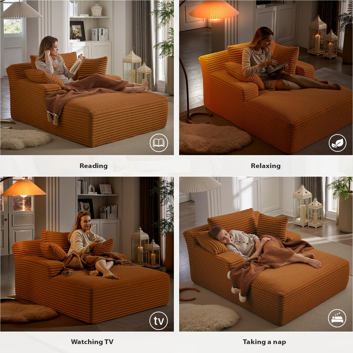 67 Inch Chaise Lounge Chair Indoor, Oversized Corduroy Upholstered Boneless Sofa Bed, Deep Seat Sleeper Couch Reading Chairs, Cloud Sofas Couches for Living Room, No Assembly Required (Orange)